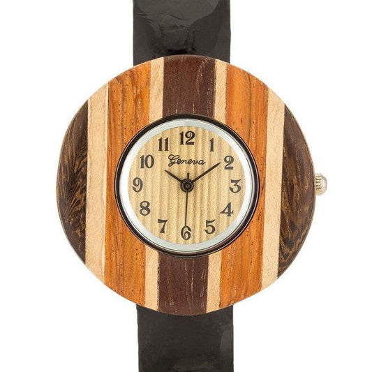 Brenna Black Wood Inspired Leather Cuff Watch - JGI