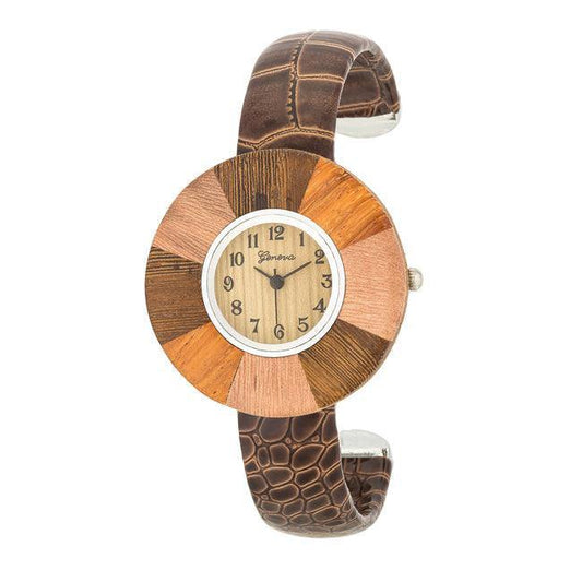 Brenna Dark Brown Wood Inspired Leather Cuff Watch - JGI