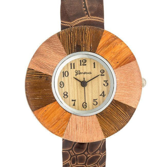 Brenna Dark Brown Wood Inspired Leather Cuff Watch - JGI