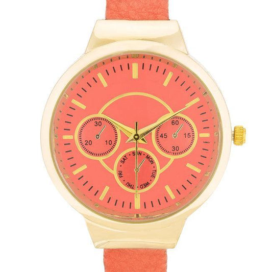 Reyna Gold Coral Leather Cuff Watch - JGI