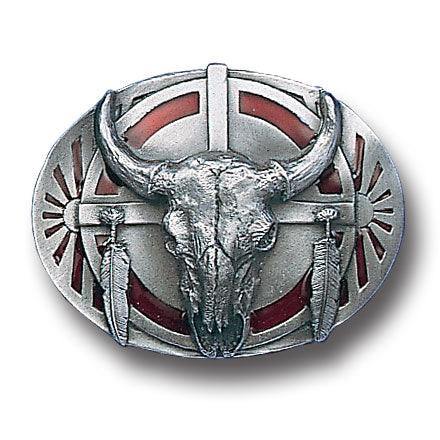 Buffalo Skull/Feathers Enameled Belt Buckle - Siskiyou Buckle