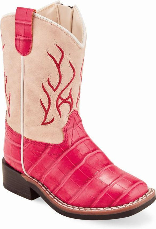 Old West Hot Pink Croco Print Cloudy Pink Toddler Toe Boots - Old West