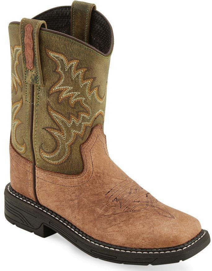 Old West Brown Bull Hide Print Waxy Youth Square Toe Boots - Old West