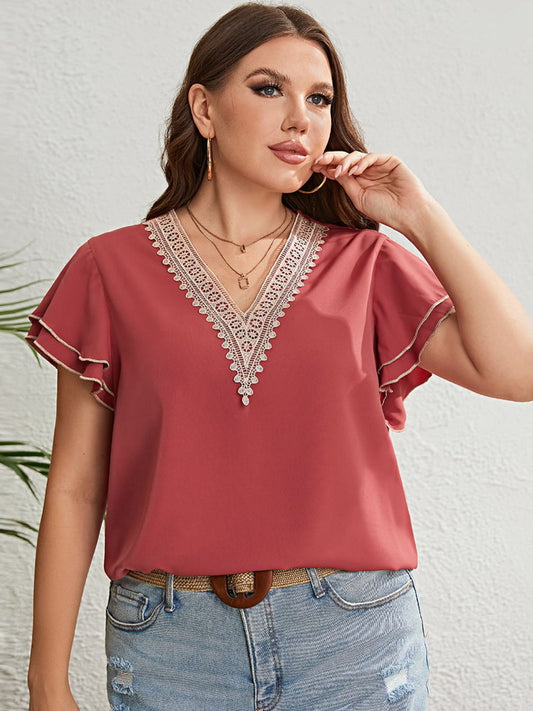 Plus Size Contrast V-Neck Layered Flutter Sleeve Blouse - Flyclothing LLC