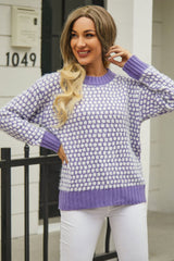 Printed Round Neck Dropped Shoulder Sweater - Flyclothing LLC