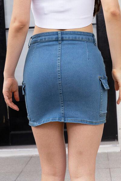 High Waist Pocketed Denim Skirt - Flyclothing LLC