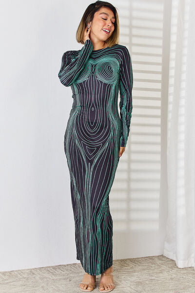 Cutout Round Neck Long Sleeve Maxi Dress - Flyclothing LLC