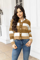 Striped Button Up Long Sleeve Cardigan - Flyclothing LLC