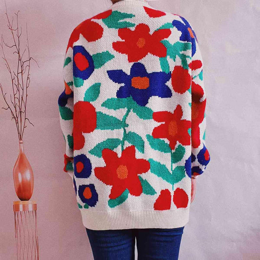 Floral Print Round Neck Drop Shoulder Sweater - Flyclothing LLC