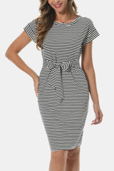 Tie Front Round Neck Short Sleeve Dress - Flyclothing LLC