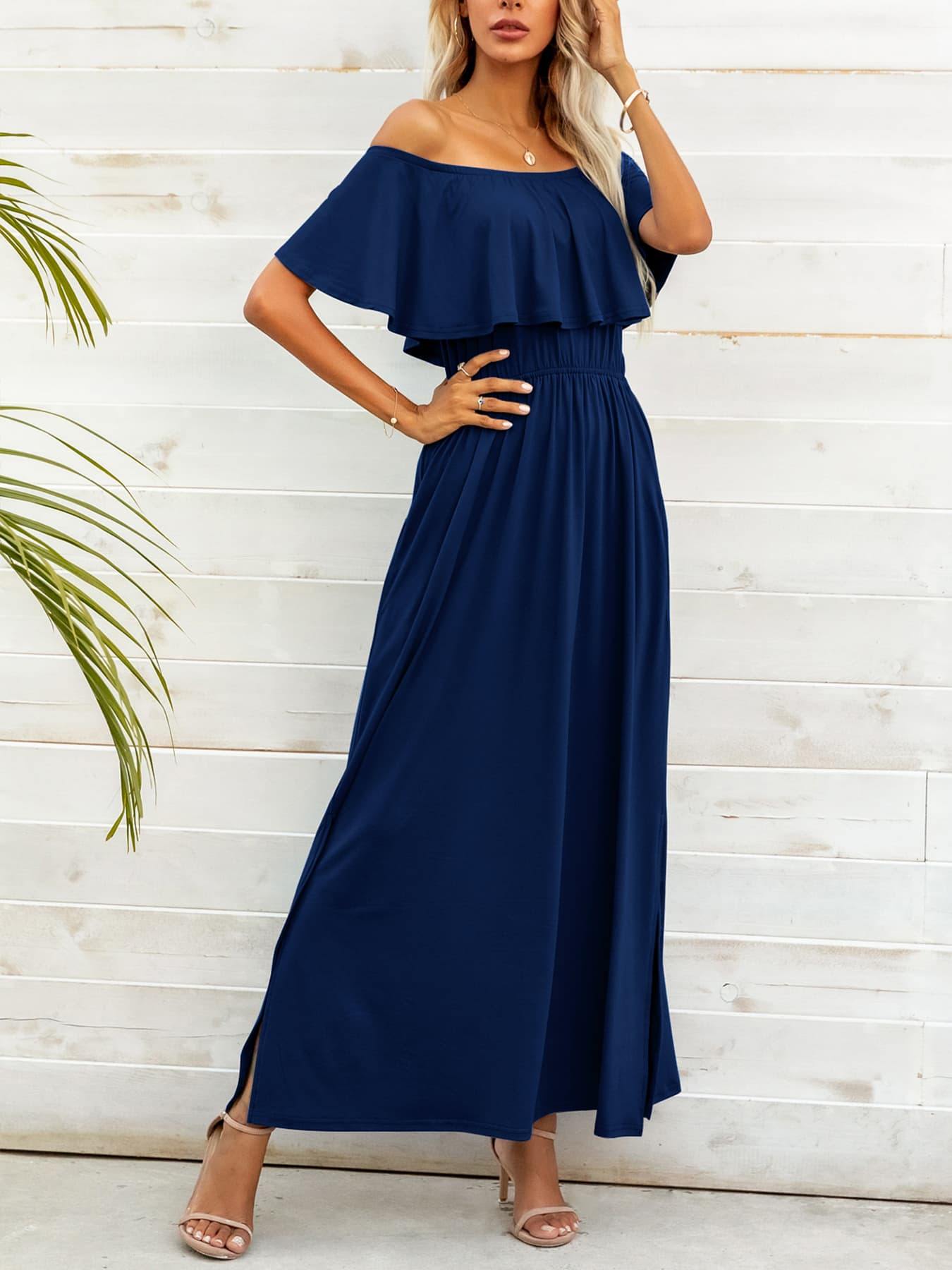 Off-Shoulder Slit Maxi Dress - Flyclothing LLC