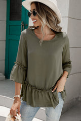 Frill Trim Round Neck Blouse - Flyclothing LLC