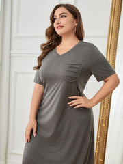 Plus Size Pocketed V-Neck Short Sleeve Lounge Dress - Flyclothing LLC