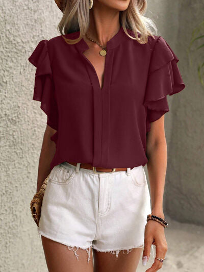 Ruffled Notched Short Sleeve Blouse - Flyclothing LLC