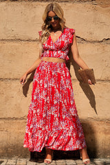 Printed Tie Back Cropped Top and Maxi Skirt Set - Flyclothing LLC