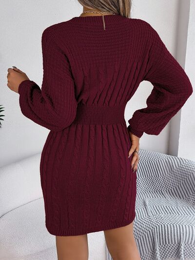 Cable-Knit Cutout Round Neck Slit Sweater - Flyclothing LLC