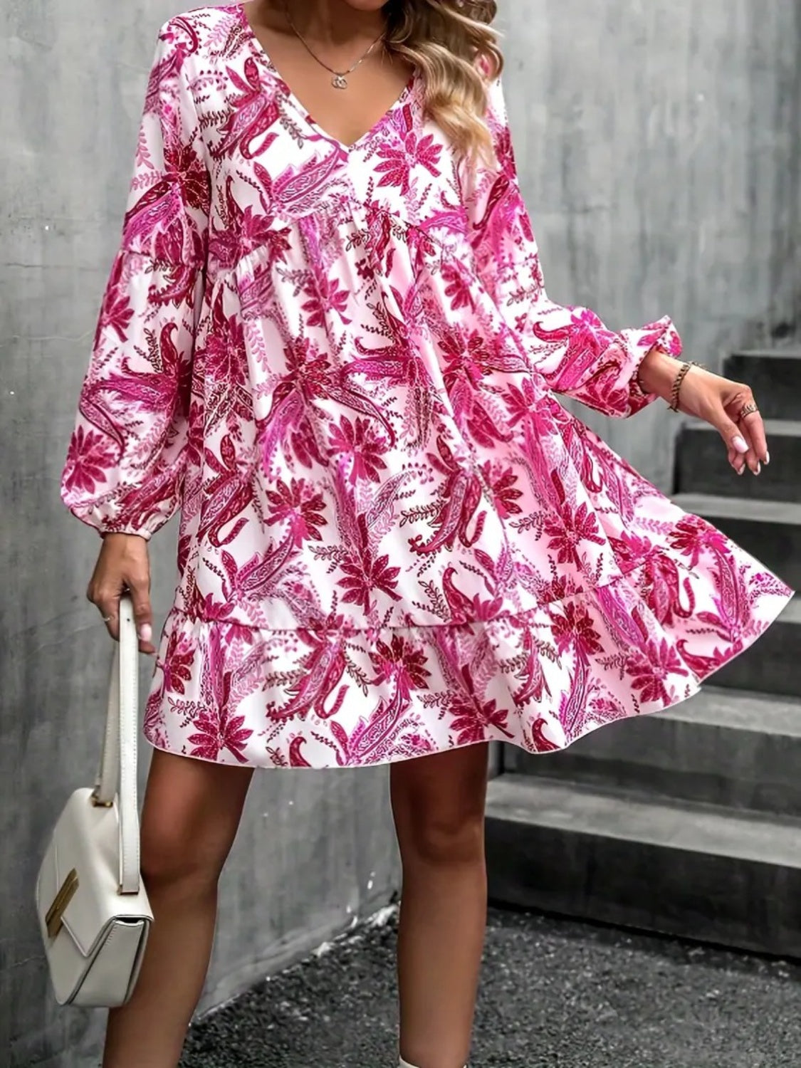 Floral V-Neck Balloon Sleeve Dress - Flyclothing LLC