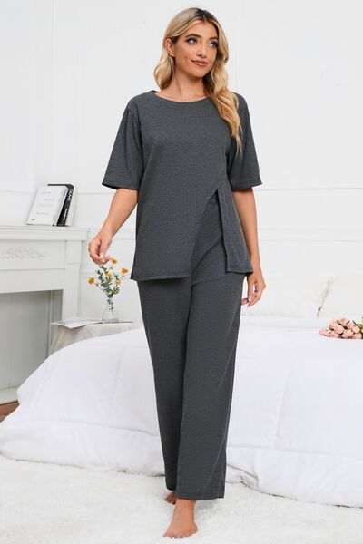 Slit Round Neck Top and Pants Lounge Set - Flyclothing LLC