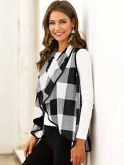 Plaid Open Front Sleeveless Cardigan - Flyclothing LLC