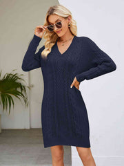 Cable-Knit V-Neck Mini Sweater Dress - Flyclothing LLC