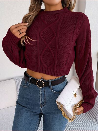 Cable-Knit Round Neck Cropped Sweater - Flyclothing LLC