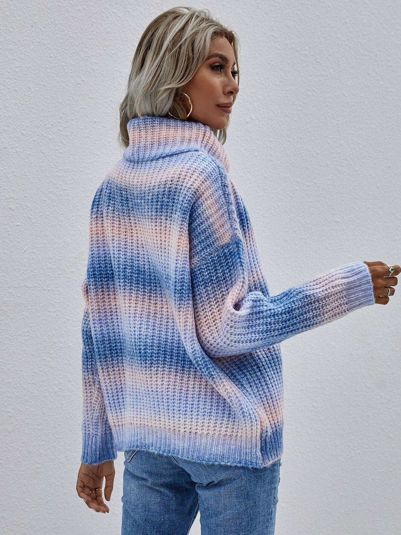 Rainbow Rib-Knit Turtleneck Drop Shoulder Sweater - Flyclothing LLC