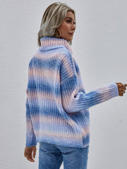 Rainbow Rib-Knit Turtleneck Drop Shoulder Sweater - Flyclothing LLC