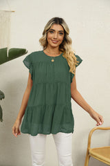 Swiss Dot Round Neck Tiered Blouse - Flyclothing LLC