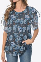 Printed Round Neck Curved Hem Blouse - Flyclothing LLC