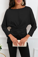 Boat Neck Back Tie Long Sleeve Satin Blouse - Flyclothing LLC