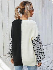 Leopard Color Block V-Neck Tunic Pullover Sweater - Flyclothing LLC