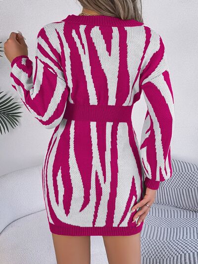 Animal Print V-Neck Long Sleeve Sweater Dress - Flyclothing LLC