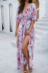 Printed Tied Half Sleeve Slit Dress - Flyclothing LLC