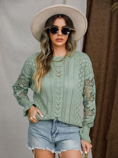 Eyelet Crochet Lantern Sleeve Sweater - Trendsi