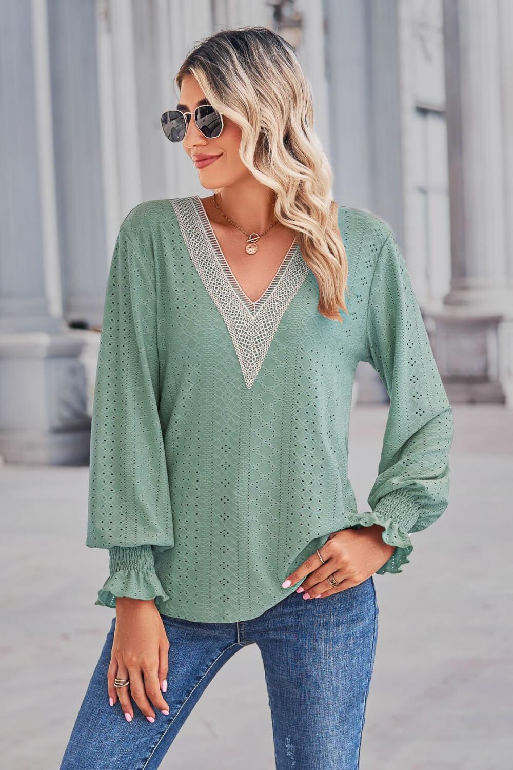 Contrast V-Neck Flounce Sleeve Top - Flyclothing LLC