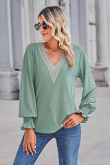 Contrast V-Neck Flounce Sleeve Top - Flyclothing LLC