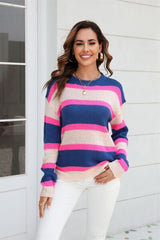 Color Block Round Neck Dropped Shoulder Sweater - Trendsi