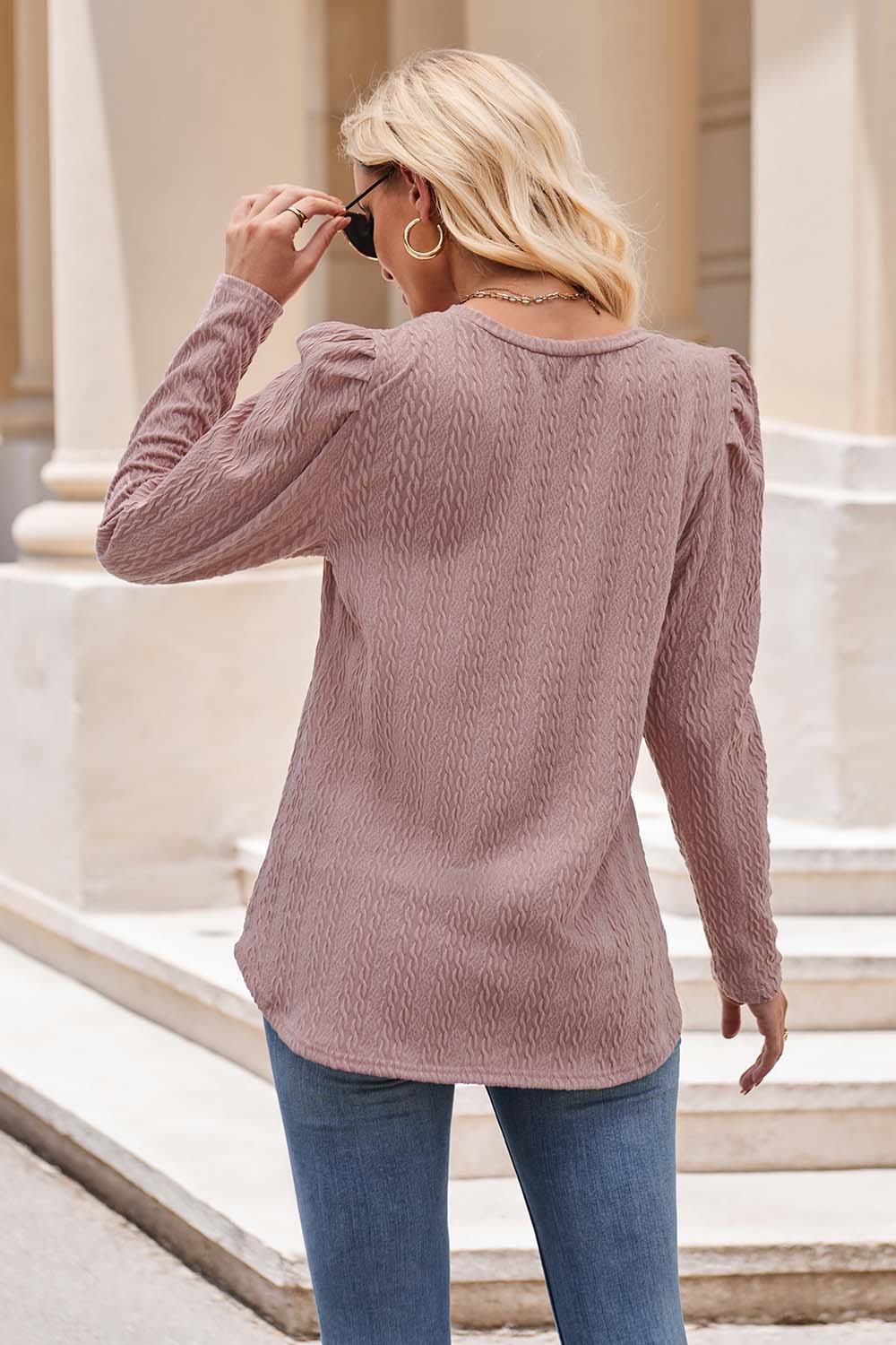 Round Neck Puff Sleeve Blouse - Flyclothing LLC