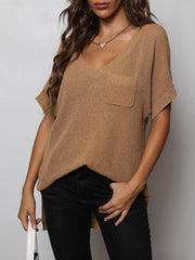 V-Neck Slit High-Low Knit Top - Flyclothing LLC