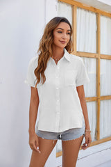 Button Up Collared Neck Short Sleeve Shirt - Flyclothing LLC