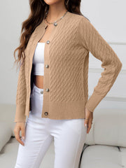 Round Neck Cable-Knit Buttoned Knit Top - Trendsi