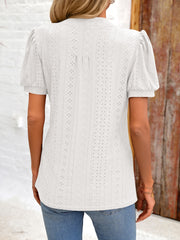 Eyelet Notched Puff Sleeve T-Shirt - Flyclothing LLC