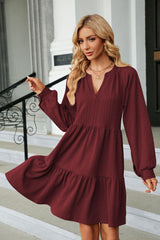 Notched Neck Long Sleeve Mini Dress - Flyclothing LLC