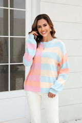 Round Neck Long Sleeve Color Block Dropped Shoulder Pullover Sweater - Flyclothing LLC