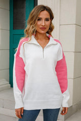 Contrast Quarter-Zip Collared Neck Sweater - Flyclothing LLC