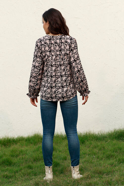 Floral Flounce Sleeve Round Neck Blouse - Flyclothing LLC