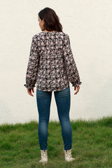 Floral Flounce Sleeve Round Neck Blouse - Flyclothing LLC