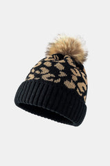 Leopard Pom-Pom Cuffed Beanie - Trendsi