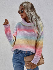 Rainbow Rib-Knit Turtleneck Drop Shoulder Sweater - Flyclothing LLC