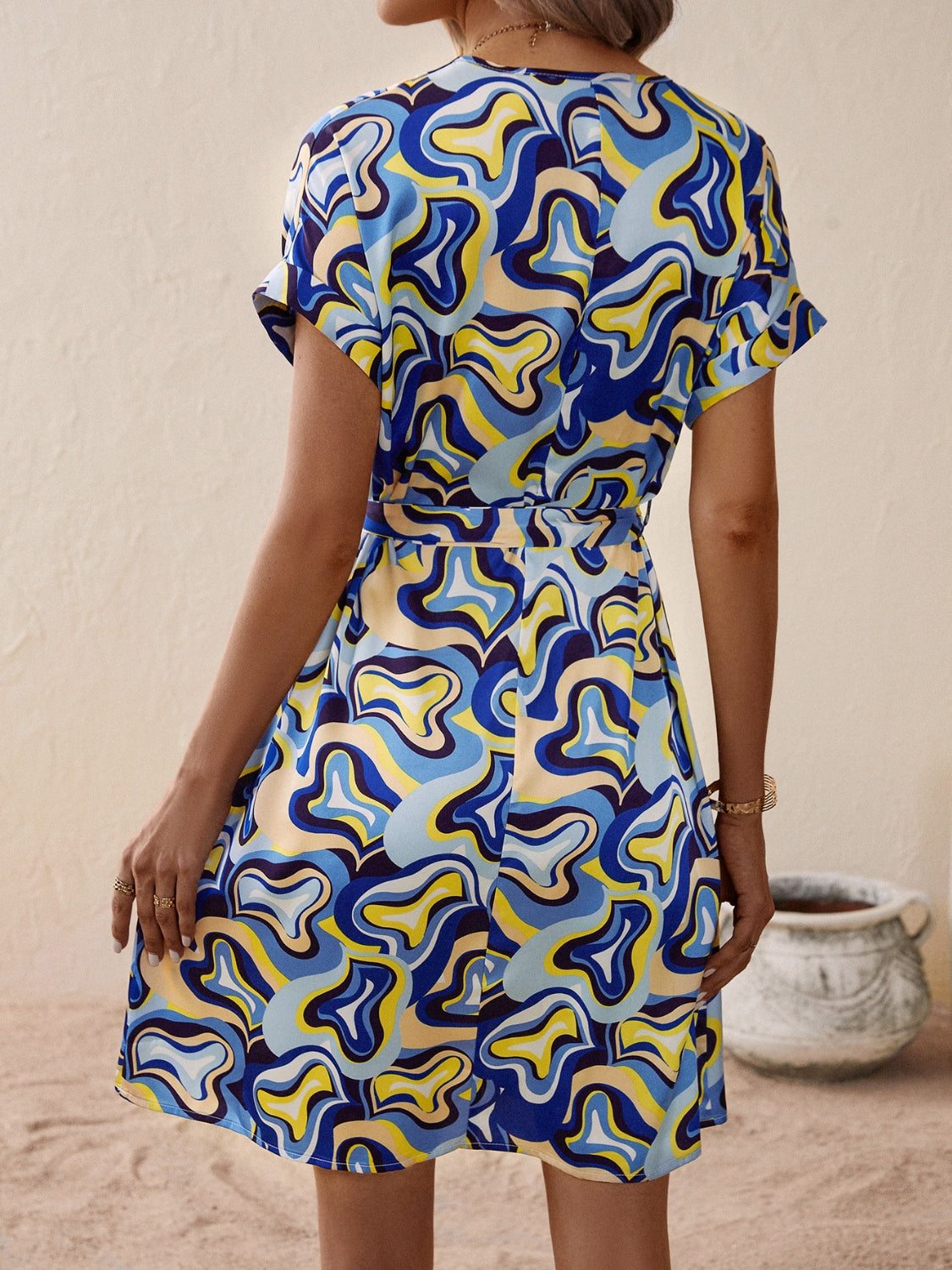 Tied Printed V-Neck Short Sleeve Dress - Flyclothing LLC